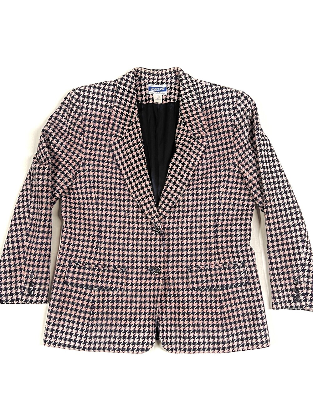 Vintage Pendleton Blazer Womens 14 Navy Pink Houndstooth Wool Made in USA Jacket